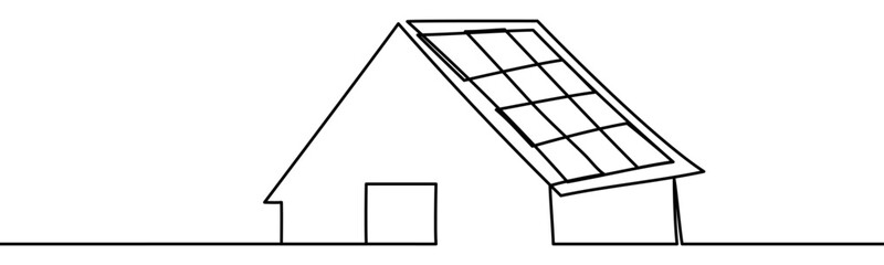 House with Solar Panels, minimalist ecological and environmental concept symbol, continuous line design, isolated on transparent background, vector illustration