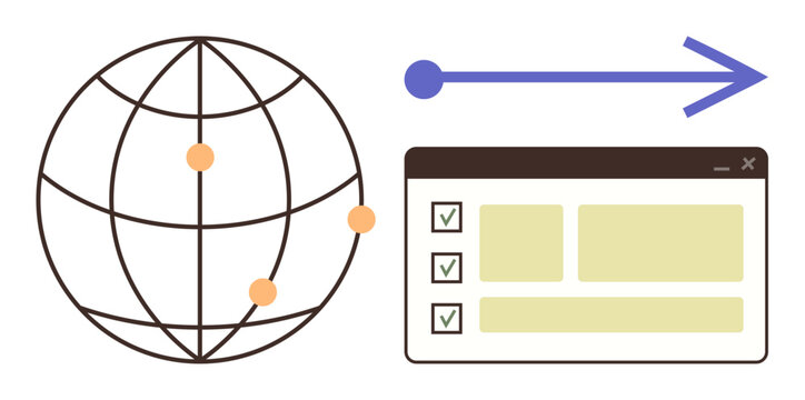 Globe with connection points, arrow indicating movement toward browser window with checklist. Ideal for data exchange, global communication, workflow, logistics, web development, organization