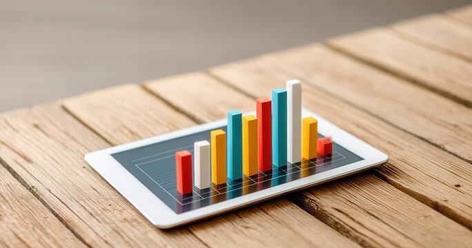 Colorful 3d Bar Graph Showing Business Growth Lying on White Tablet on Rough Wooden Table