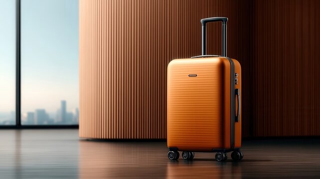 Orange Suitcase Stands Inside Building Near Window Overlooking the City at Daytime