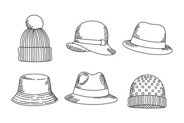 Collection of six different hats and beanies, handdrawn sketch style, vector illustration