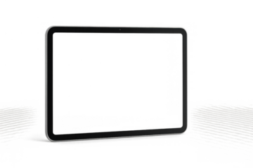 Tablet device mockup with transparent screen, modern digital technology display showing shadows on ground, transparent background