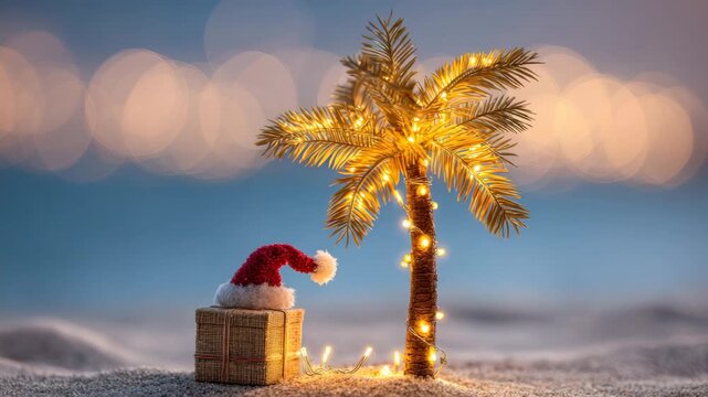 Festive miniature palm tree adorned with lights and a Santa hat beside a gift box, captured in a warm beach setting, showcasing holiday spirit with a gentle zoom in
