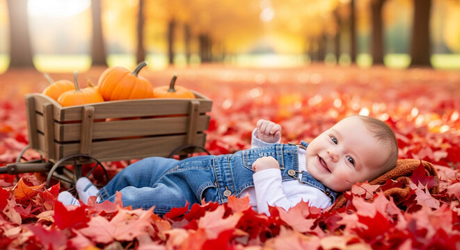 Infant lying on red fallen leaf, near wooden cart with pumpkins, showcasing autumn abundance, harvest celebration, and childhood happiness