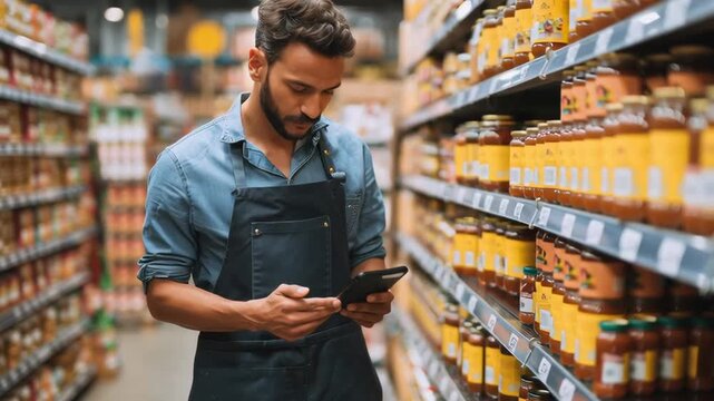A man is shopping in a store and looking at a tablet. He is wearing a blue shirt and a black apron