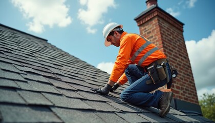 Roofer works on rooftop near chimney. Man wears helmet reflective vest gloves. Construction worker repairs asphalt roof shingles. Pro doing residential building work under sky.
