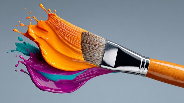 Paintbrush splashing vibrant colors of orange, teal, and purple against a smooth gray background, showcasing the dynamic movement of paint and creativity in artistic expression and design