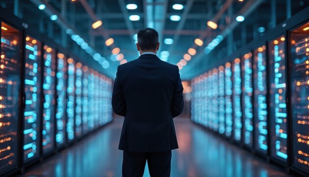 Man in suit stands in modern data center. Businessman looks at server racks with digital lights. Tech leader explores innovation concept. Futuristic IT infrastructure and cloud computing.
