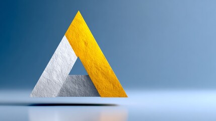 Geometric abstract illustration featuring a three-dimensional triangular shape composed of textured yellow and white surfaces, set against a soft blue background, creating a modern visual aesthetic wi