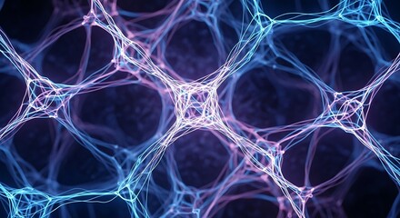 Intricate network of glowing blue and purple light trails forming a complex pattern