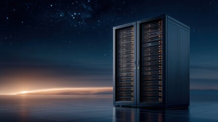 Large Computer Server Rack Standing on Reflective Floor With a Dark Blue and Star Filled Space Scene Background