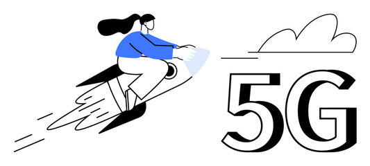 Woman riding a rocket as clouds and 5G emphasize speed, connectivity, and futuristic advancement. Ideal for technology, innovation, speed, communication, mobile networking, internet digitalization
