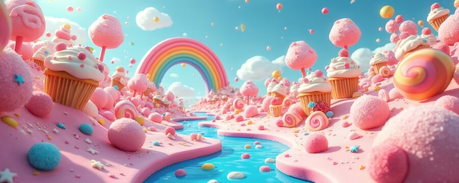 Whimsical candy landscape features cupcakes, lollipops, and rainbow. Sweet dessert terrain with candy floss trees and blue syrup river. Playful fantasy world for kids.