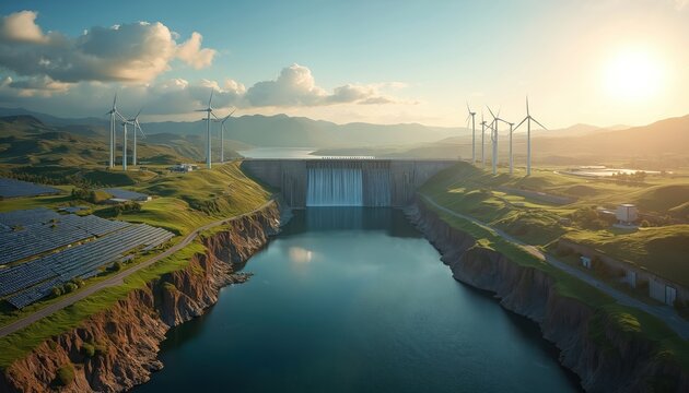 Massive hydroelectric dam releases powerful water flow. Extensive solar panels blanket green rolling hills. Numerous tall wind turbines generate clean power on ridges. Integrated renewable energy