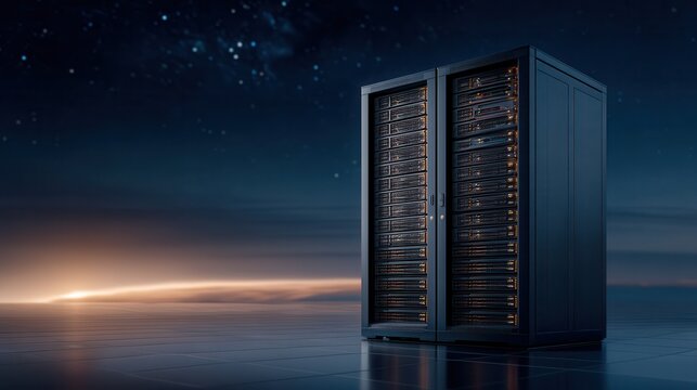 Large Computer Server Rack Standing on Reflective Floor With a Dark Blue and Star Filled Space Scene Background