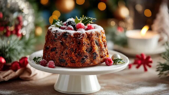 Festive Christmas pudding adorned with berries and holly, elegantly displayed on a white cake stand, captured in a smooth zoom-in sequence showcasing seasonal ambiance