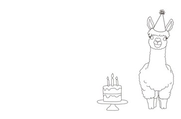 Black and White Alpaca Coloring Page with Birthday Cake and Party Hat, Printable Llama Line Art for Kids