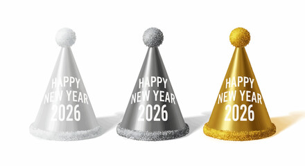 Three party hats in silver, gray, and gold with happy new year 2026 printed on them in white color