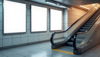 Modern subway station with escalators and blank billboards for ad placement. Clean urban transit hub with empty frames awaiting content. Transport and retail space design.