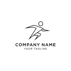 Minimalist line art logo of a running person, with company name and tagline below.
