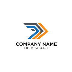 Abstract logo with arrow shapes in blue, gray, and orange.