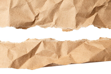Torn crumpled brown paper texture background with rough edges, creases, isolated for copy space