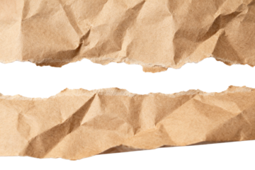 Torn crumpled brown paper texture background with rough edges, creases, isolated for copy space