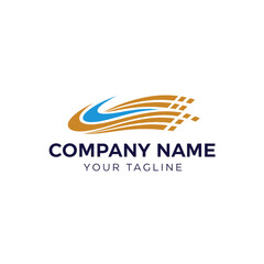 Abstract logo with swooshes and pixelated squares in blue and gold.