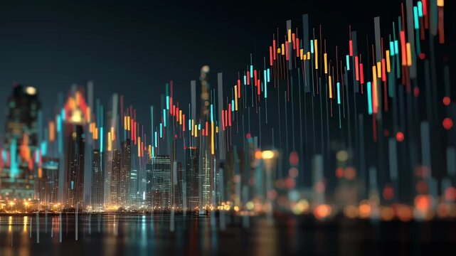 A city skyline with a large building in the middle. The skyline is lit up at night, creating a moody atmosphere