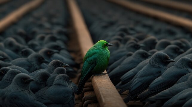 Green Bird Sits on a Rail Among Many Gray Birds in Early Morning - Powered by Adobe