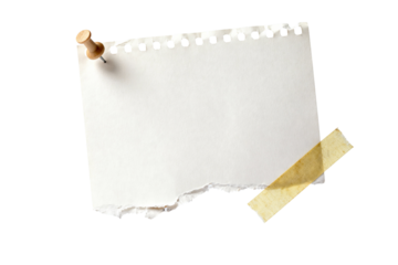 Empty blank white notepad paper with torn edge, thumbtack, tape, isolated on transparent background design