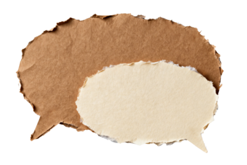 Torn paper speech bubbles with rough edges and textured surface, isolated on a transparent background for design