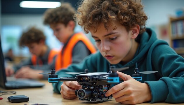 Young boy carefully builds tech drone with camera. Focuses on assembly in school classroom. Students learn coding on computers. Scene shows engineering education, future skills development.