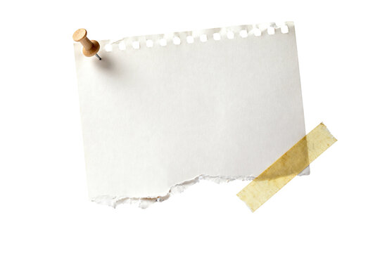 Empty blank white notepad paper with torn edge, thumbtack, tape, isolated on transparent background design