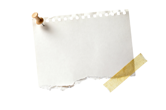 Empty blank white notepad paper with torn edge, thumbtack, tape, isolated on transparent background design