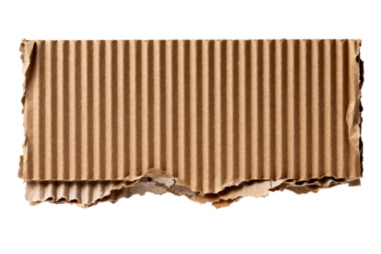 Corrugated cardboard texture with ripped edges, isolated on transparent background, brown packing material surface.