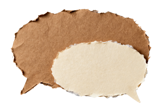 Torn paper speech bubbles with rough edges and textured surface, isolated on a transparent background for design