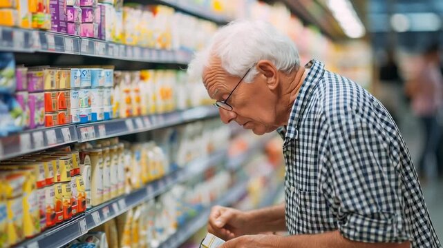 A man is shopping in a grocery store and is looking at a carton of milk. He is holding a shopping list and checking off items as he goes