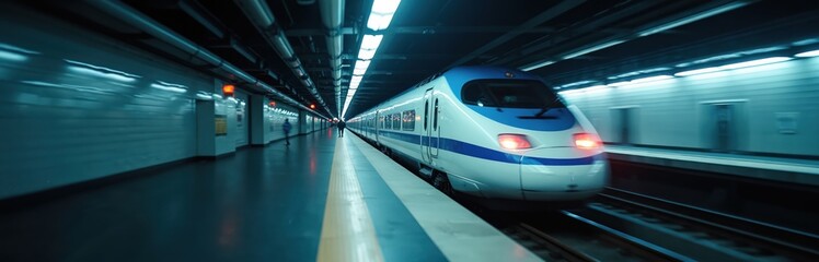 Fototapeta premium Fast subway train arrives at platform in underground tunnel at night. Passengers wait for transit, city transport moves quickly through dark urban route. Motion blur on walls and train.