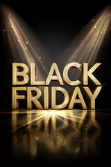 Minimalist Black Friday banner featuring glowing golden letters on a dark gradient background. Elegant, eye-catching composition suitable for digital campaigns and modern retail promotions
