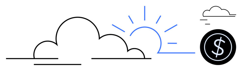 Sun rising behind clouds, clean circular dollar icon, minimal lines and simple technique. Ideal for finance, innovation, investment sustainability, economy prediction, positive risk taking market