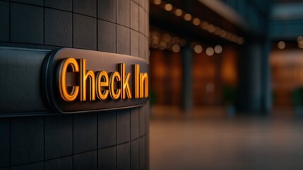 Illuminated 'check In' Sign at Hotel Entrance Welcomes Guests in the Evening
