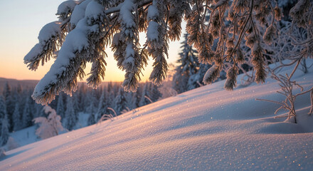 Branch covered with snow and ice crystals in a winter landscape, illuminated by the sunlight, suggesting peace, serenity, and the beauty of nature