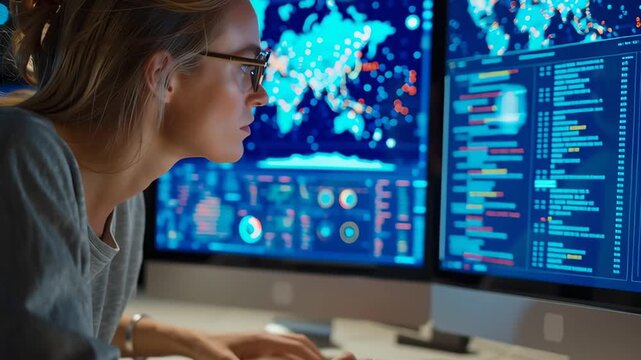 A woman wearing glasses is looking at a computer screen with a map on it. She is focused and attentive, possibly working on a project or analyzing data. Concept of concentration and productivity