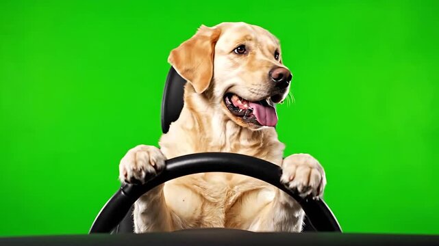 Golden Labrador retriever dog sitting behind the steering wheel of a car facing forward on a green screen, isolated with chroma key, real shot. A dog is driving a car / vehicle.