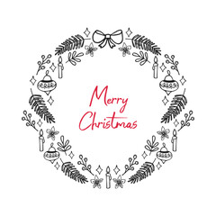 Hand-drawn Christmas wreath with fir branches, candles, berries, and decorations for greeting card design.