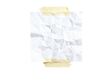 Crumpled white paper texture element with masking tape isolated on transparent background for designers.