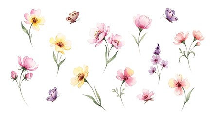 Obraz premium Delicate watercolor floral arrangement with butterflies and soft pastel hues