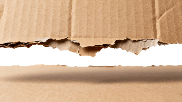 Torn cardboard texture close-up, isolated on transparent background, showing layered corrugated paper edges and rough edges