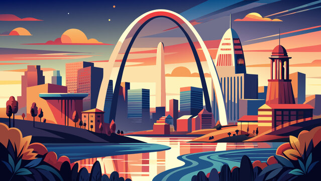 Very beautiful St. Louis vector travel poster in cinematic minimal landscape art style, showcasing the iconic Gateway Arch, skyline, and Mississippi River at sunset in a sleek artistic composition.